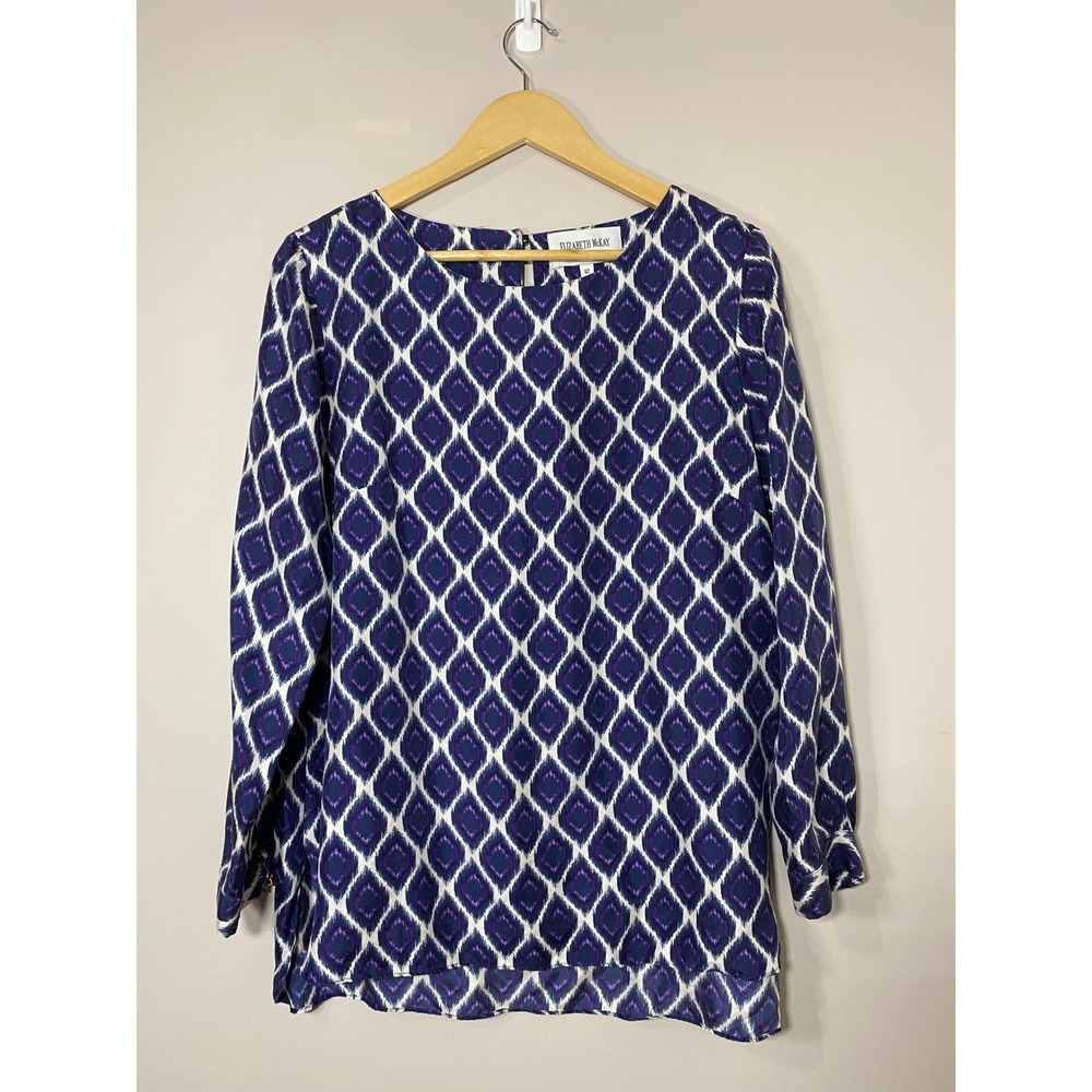 Elizabeth Mckay New York 100% Silk Ikat Print Long Sleeve Tunic Top Size 12